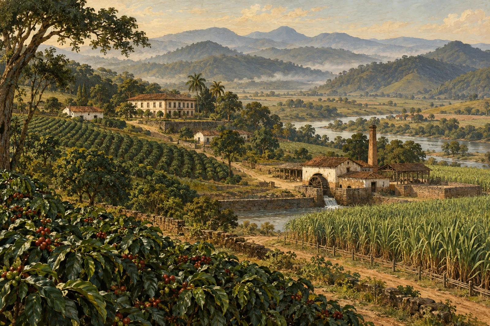 Colinas, áreas de cultivo e construções rurais em uma paisagem inspirada no Vale do Paraíba.