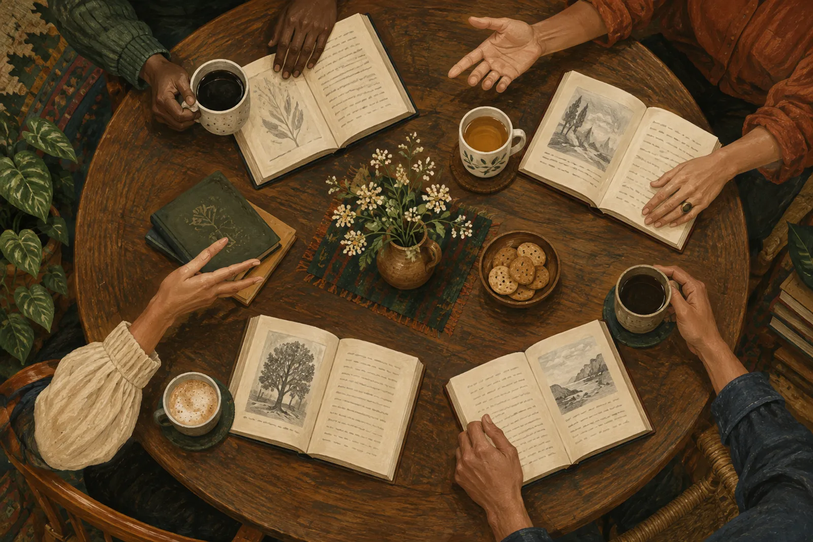 Vista de cima de uma mesa de leitura com livros, xícaras e mãos de quatro participantes.