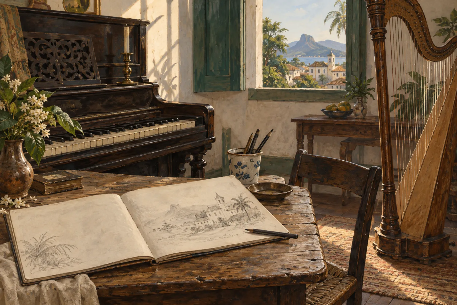 Teclas de piano, cordas de harpa e um caderno de desenho junto à janela.