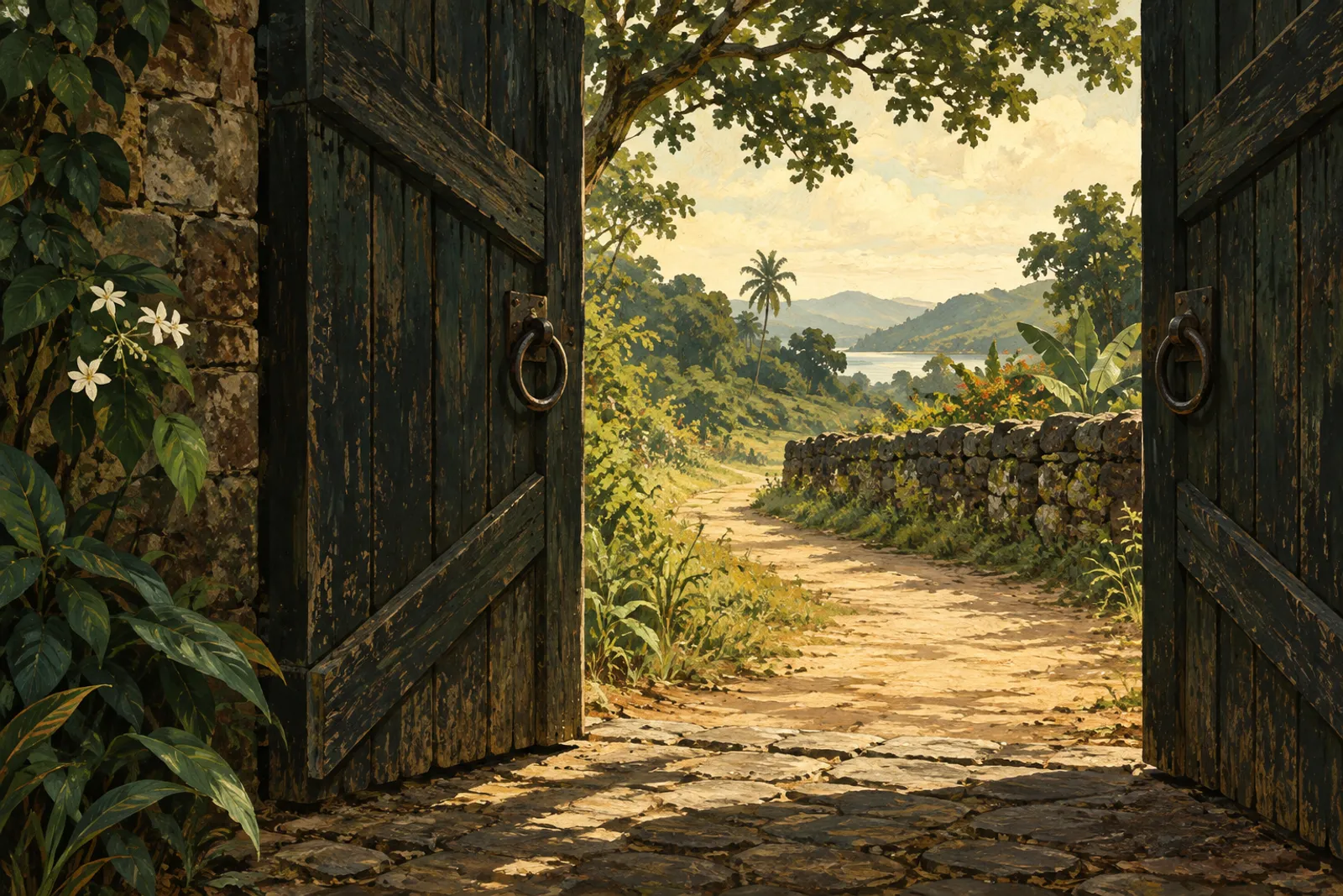 Um portão aberto entre um espaço sombreado e um caminho iluminado.