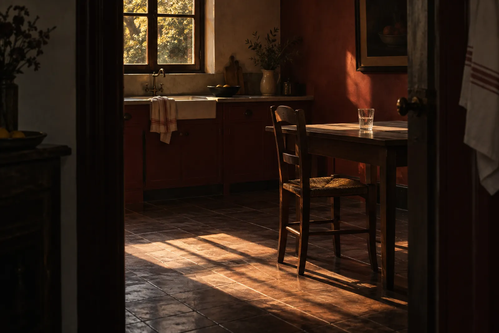 Cozinha vazia vista através de uma porta, com cadeira de madeira, copo sobre a mesa e luz de janela atravessando o chão.
